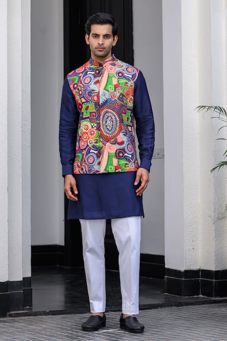 Juhi Bengani_Multi Color Silk, Cotton, Organza Nehru Jacket Set _at_Aza_Fashions