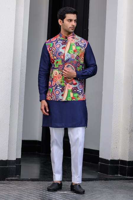 Buy_Juhi Bengani_Multi Color Silk, Cotton, Organza Nehru Jacket Set 