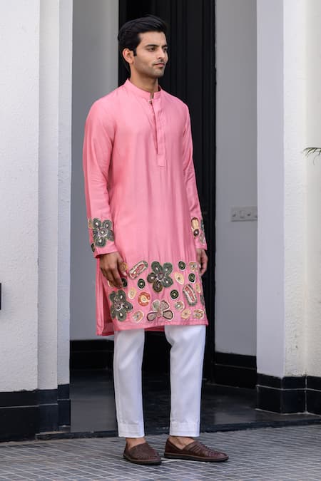 Shop Juhi Bengani Pink Cotton, Silk Embroidery Kurta Set Online at Aza Fashions Shop_Juhi Bengani_Pink Cotton, Silk Embroidery Kurta Set _Online_at_Aza_Fashions