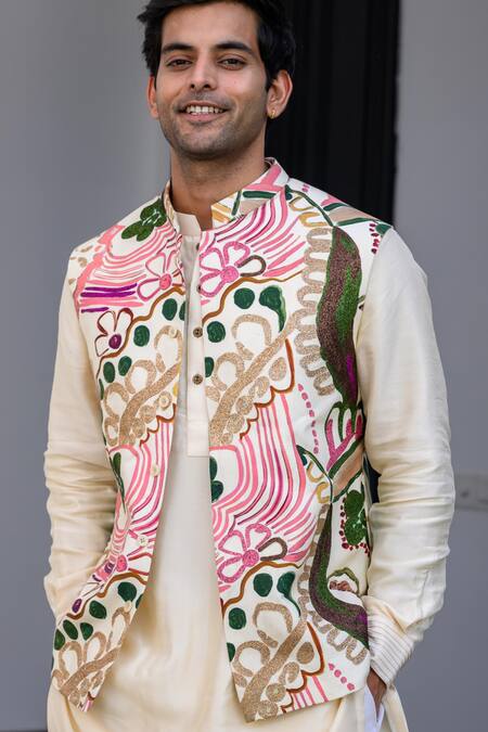 Shop Juhi Bengani Cream Silk, Cotton, Muslin Zari Designer Multi Colour Bundi Set Online at Aza Fashions Shop_Juhi Bengani_Cream Silk, Cotton, Muslin Zari Designer Multi Colour Bundi Set _Online_at_Aza_Fashions