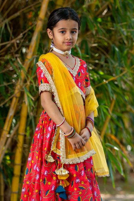 Yuvraani Jaipur_Red Chanderi, Cotton, Net Tassels Cherry Floral Lehenga Set _Online_at_Aza_Fashions