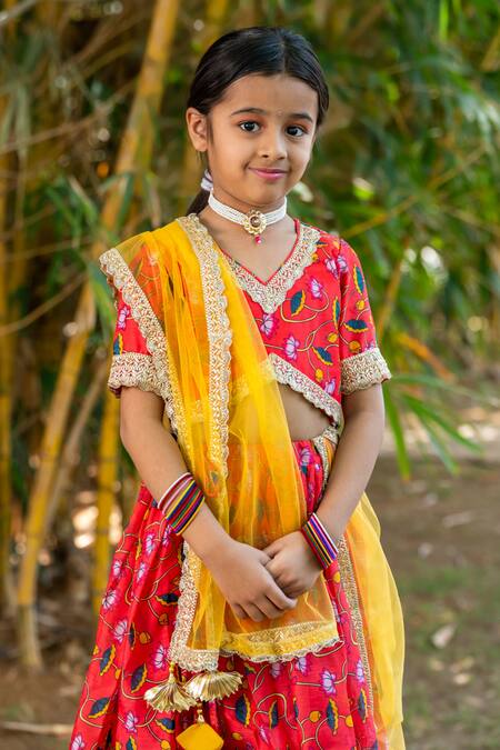 Buy_Yuvraani Jaipur_Red Chanderi, Cotton, Net Tassels Cherry Floral Lehenga Set _Online_at_Aza_Fashions