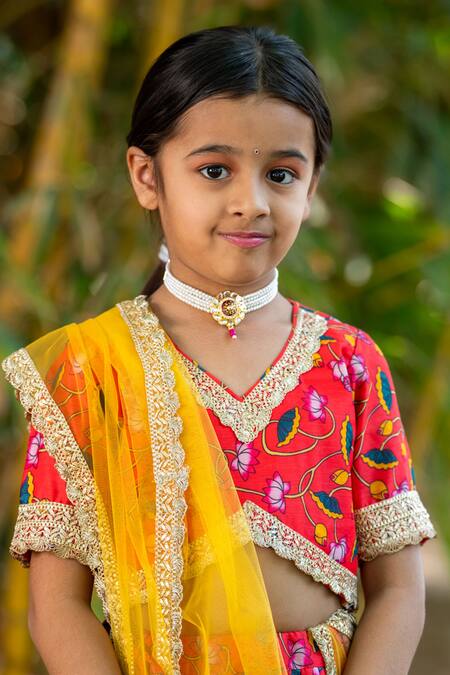 Shop_Yuvraani Jaipur_Red Chanderi, Cotton, Net Tassels Cherry Floral Lehenga Set _Online_at_Aza_Fashions