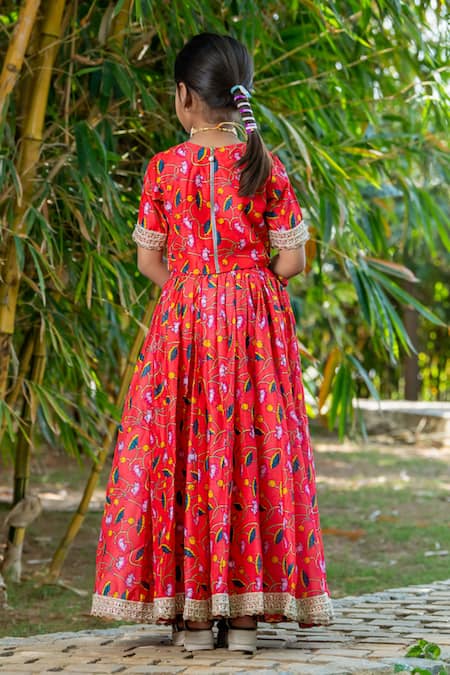 Shop_Yuvraani Jaipur_Red Chanderi, Cotton, Net Tassels Cherry Floral Lehenga Set _at_Aza_Fashions