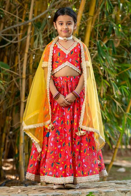 Yuvraani Jaipur_Red Chanderi, Cotton, Net Tassels Cherry Floral Lehenga Set _at_Aza_Fashions