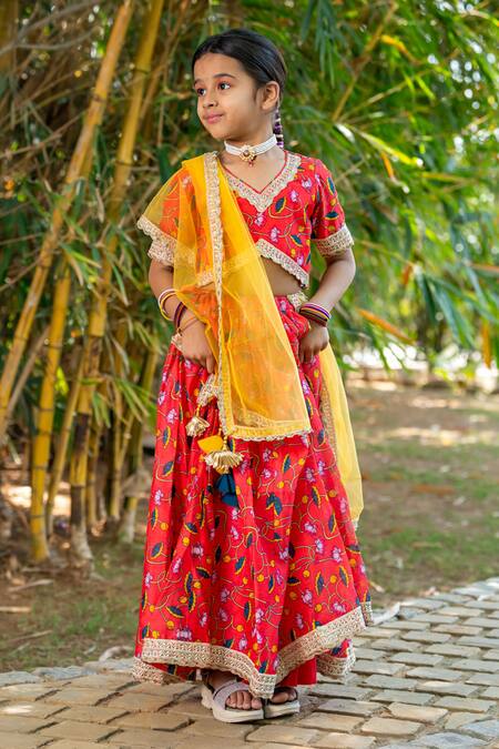 Buy_Yuvraani Jaipur_Red Chanderi, Cotton, Net Tassels Cherry Floral Lehenga Set 
