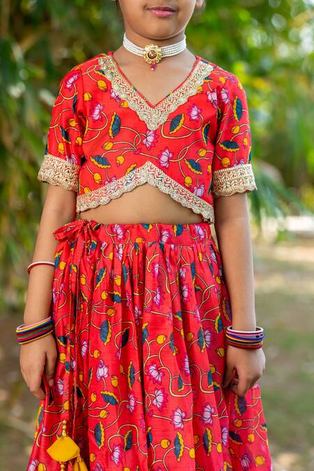 Shop_Yuvraani Jaipur_Red Chanderi, Cotton, Net Tassels Cherry Floral Lehenga Set 