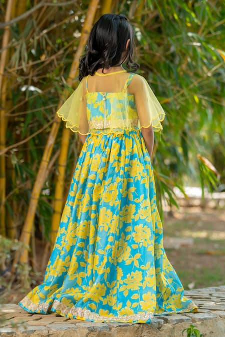 Shop_Yuvraani Jaipur_Blue Chanderi, Cotton, Net Neon And Yellow Lehenga With Cape _at_Aza_Fashions
