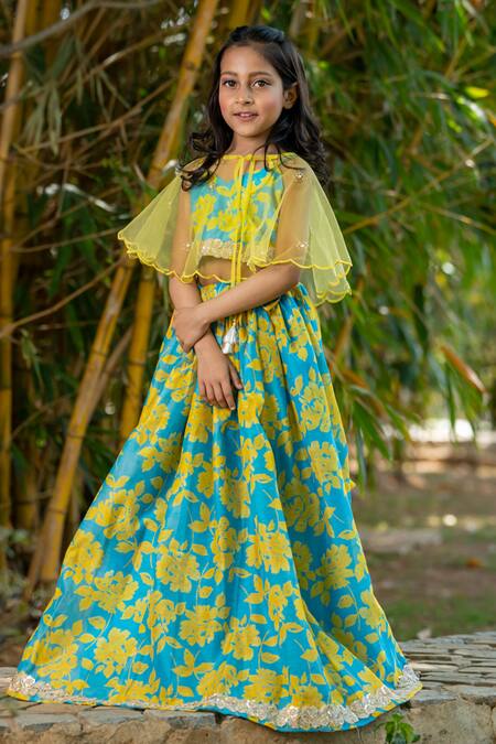 Yuvraani Jaipur_Blue Chanderi, Cotton, Net Neon And Yellow Lehenga With Cape _Online_at_Aza_Fashions