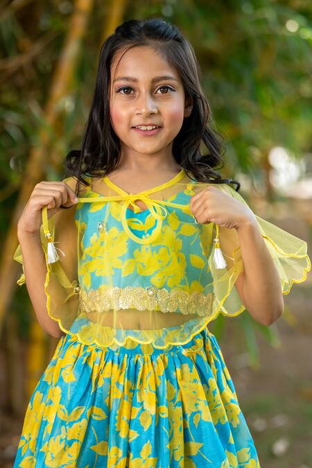Buy_Yuvraani Jaipur_Blue Chanderi, Cotton, Net Neon And Yellow Lehenga With Cape _Online_at_Aza_Fashions