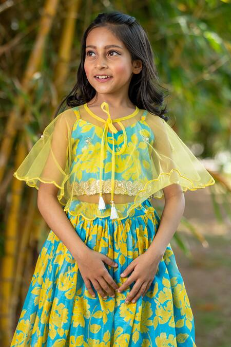 Shop_Yuvraani Jaipur_Blue Chanderi, Cotton, Net Neon And Yellow Lehenga With Cape _Online_at_Aza_Fashions