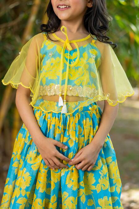 Yuvraani Jaipur_Blue Chanderi, Cotton, Net Neon And Yellow Lehenga With Cape _at_Aza_Fashions