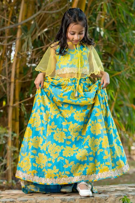 Buy_Yuvraani Jaipur_Blue Chanderi, Cotton, Net Neon And Yellow Lehenga With Cape 