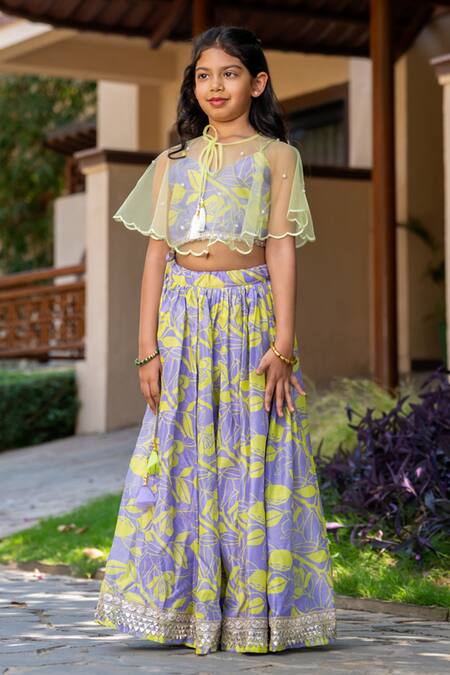 Yuvraani Jaipur_Gray Chanderi, Cotton, Net Beads Grey And Neon Yellow Lehenga With Cape _Online_at_Aza_Fashions