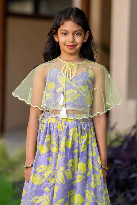 Buy_Yuvraani Jaipur_Gray Chanderi, Cotton, Net Beads Grey And Neon Yellow Lehenga With Cape _Online_at_Aza_Fashions