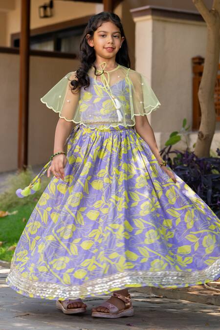 Shop_Yuvraani Jaipur_Gray Chanderi, Cotton, Net Beads Grey And Neon Yellow Lehenga With Cape _Online_at_Aza_Fashions