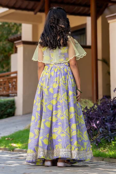 Shop_Yuvraani Jaipur_Gray Chanderi, Cotton, Net Beads Grey And Neon Yellow Lehenga With Cape _at_Aza_Fashions