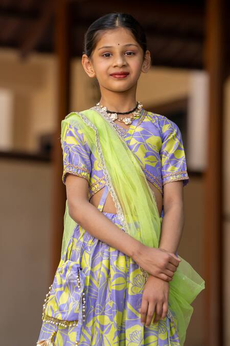 Yuvraani Jaipur_Gray , Cotton, Cotton, Net Floral Printed Lehenga Set For Girls _Online_at_Aza_Fashions