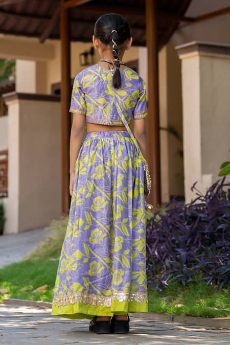 Shop_Yuvraani Jaipur_Gray , Cotton, Cotton, Net Floral Printed Lehenga Set For Girls _at_Aza_Fashions