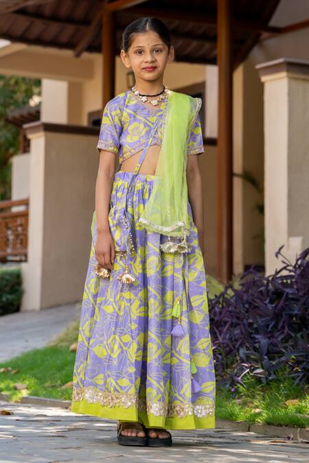 Shop_Yuvraani Jaipur_Gray , Cotton, Cotton, Net Floral Printed Lehenga Set For Girls _Online_at_Aza_Fashions