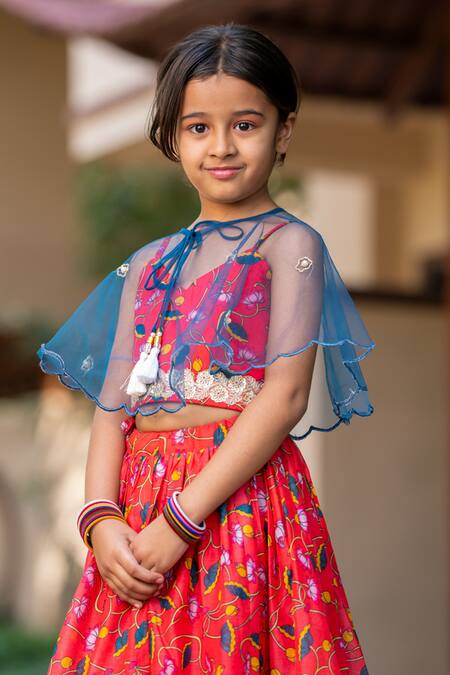 Yuvraani Jaipur_Red Chanderi, Net Embroidery Cherry Printed Lehenga With Cape _Online_at_Aza_Fashions