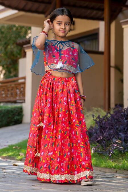 Buy_Yuvraani Jaipur_Red Chanderi, Net Embroidery Cherry Printed Lehenga With Cape _Online_at_Aza_Fashions