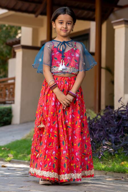 Shop_Yuvraani Jaipur_Red Chanderi, Net Embroidery Cherry Printed Lehenga With Cape _Online_at_Aza_Fashions