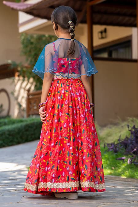 Shop_Yuvraani Jaipur_Red Chanderi, Net Embroidery Cherry Printed Lehenga With Cape _at_Aza_Fashions