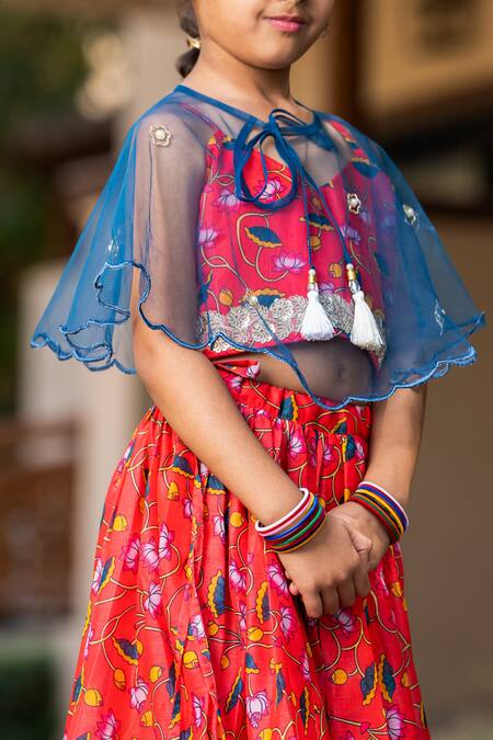 Yuvraani Jaipur_Red Chanderi, Net Embroidery Cherry Printed Lehenga With Cape _at_Aza_Fashions