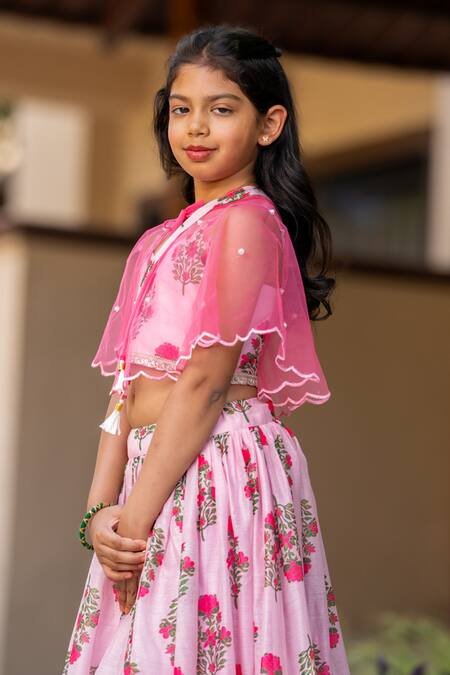 Yuvraani Jaipur_Pink Chanderi, Cotton Embroidery Floral Printed Lehenga With Cape _Online_at_Aza_Fashions