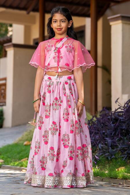 Buy_Yuvraani Jaipur_Pink Chanderi, Cotton Embroidery Floral Printed Lehenga With Cape _Online_at_Aza_Fashions