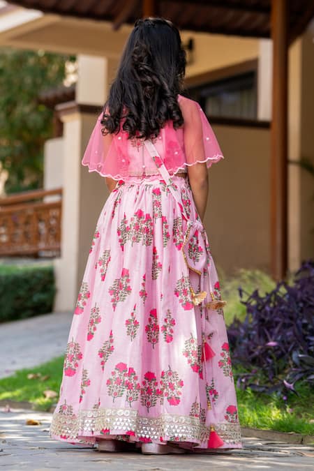Shop_Yuvraani Jaipur_Pink Chanderi, Cotton Embroidery Floral Printed Lehenga With Cape _at_Aza_Fashions