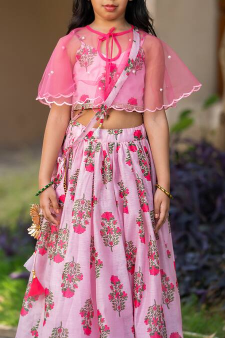 Yuvraani Jaipur_Pink Chanderi, Cotton Embroidery Floral Printed Lehenga With Cape _at_Aza_Fashions