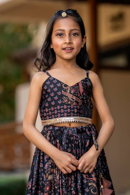 Yuvraani Jaipur_Black Muslin, Cotton, Net Lace, Embroidery Floral Printed Grey And Lehenga Set _Online_at_Aza_Fashions