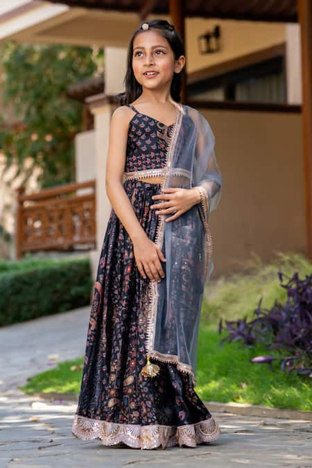 Buy_Yuvraani Jaipur_Black Muslin, Cotton, Net Lace, Embroidery Floral Printed Grey And Lehenga Set _Online_at_Aza_Fashions