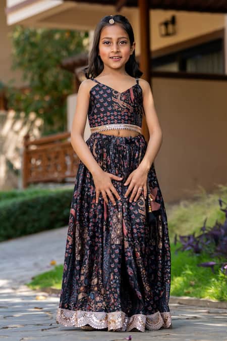 Shop_Yuvraani Jaipur_Black Muslin, Cotton, Net Lace, Embroidery Floral Printed Grey And Lehenga Set _Online_at_Aza_Fashions