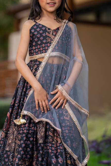 Yuvraani Jaipur_Black Muslin, Cotton, Net Lace, Embroidery Floral Printed Grey And Lehenga Set _at_Aza_Fashions