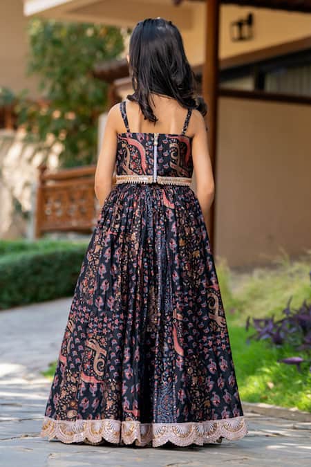 Shop_Yuvraani Jaipur_Black Muslin, Cotton, Net Lace, Embroidery Floral Printed Grey And Lehenga Set _at_Aza_Fashions