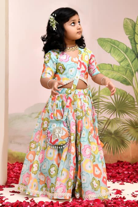 Shop_Yuvraani Jaipur_Multi Color Chanderi, Cotton, Net Multi-colored Lehenga Set For Girls _at_Aza_Fashions