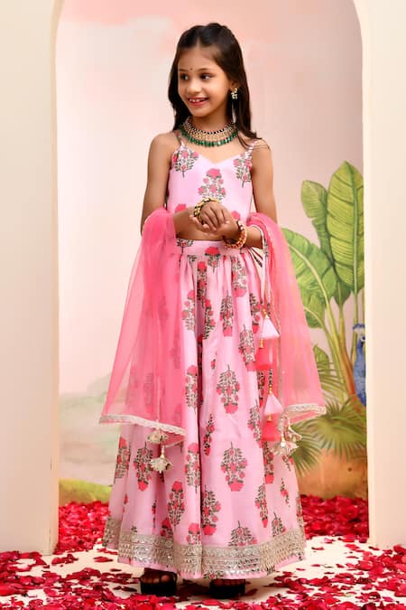 Shop_Yuvraani Jaipur_Pink Chanderi, Cotton, Net Tassels Floral Lehenga Set For Girls _at_Aza_Fashions