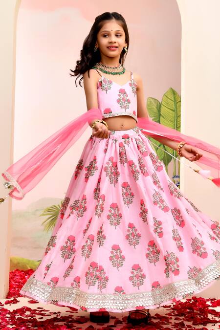 Shop_Yuvraani Jaipur_Pink Chanderi, Cotton, Net Tassels Floral Lehenga Set For Girls _Online_at_Aza_Fashions