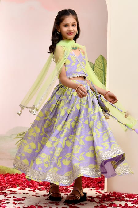 Shop_Yuvraani Jaipur_Purple Chanderi, Cotton, Net Tassels And Yellow Designer Lehenga Set _at_Aza_Fashions