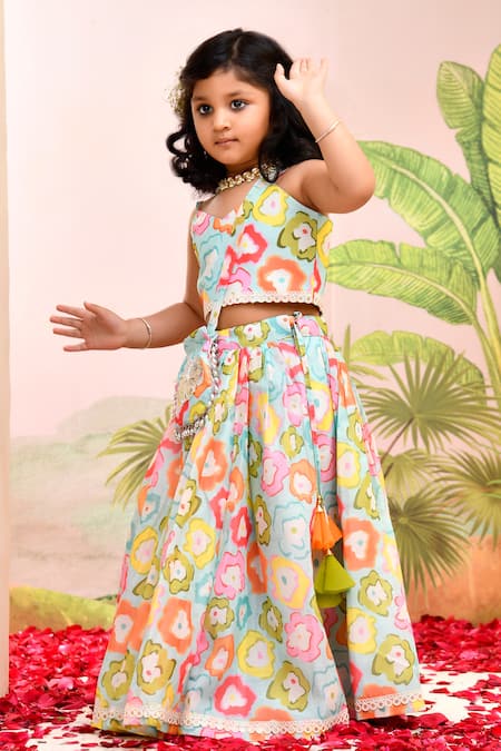 Shop_Yuvraani Jaipur_Multi Color , Cotton, Multi-colored Lehenga Set For Girls _at_Aza_Fashions