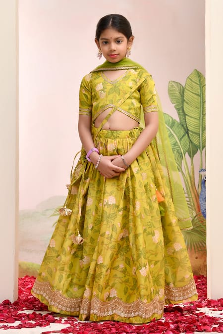 Buy_Yuvraani Jaipur_Yellow Muslin, Cotton, Net Tassels Green Designer Lehenga Set _Online_at_Aza_Fashions