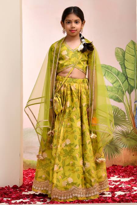 Yuvraani Jaipur_Yellow Muslin, Cotton, Net Tassels Green Designer Lehenga Set _at_Aza_Fashions