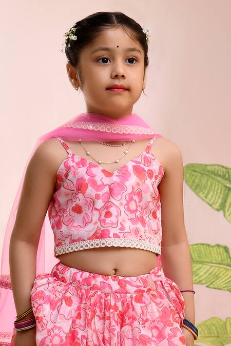 Yuvraani Jaipur_Pink Chanderi, Cotton, Net Embroidery, Tassels Neon Digital Print Lehenga Set _Online_at_Aza_Fashions