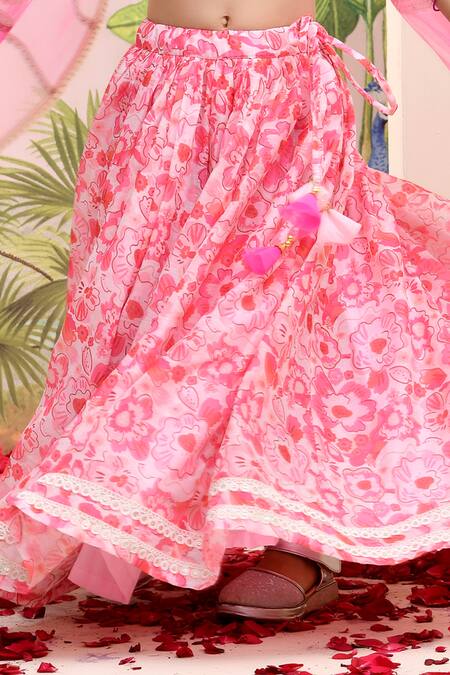 Buy_Yuvraani Jaipur_Pink Chanderi, Cotton, Net Embroidery, Tassels Neon Digital Print Lehenga Set _Online_at_Aza_Fashions