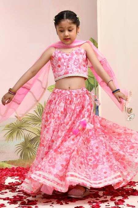 Shop_Yuvraani Jaipur_Pink Chanderi, Cotton, Net Embroidery, Tassels Neon Digital Print Lehenga Set _Online_at_Aza_Fashions