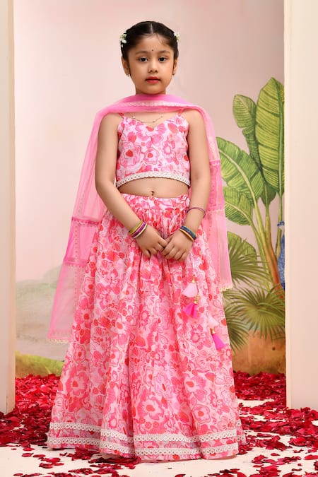 YUVRAANI JAIPUR Pink Chanderi, Cotton, Net Embroidery, Tassels Neon Digital Print Lehenga Set 