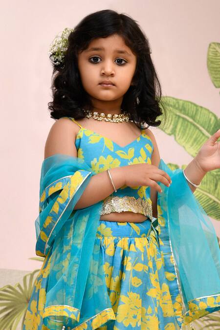 Yuvraani Jaipur Blue Muslin, Cotton, Net Neon And Yellow Lehenga Set Online at Aza Fashions Yuvraani Jaipur_Blue Muslin, Cotton, Net Neon And Yellow Lehenga Set _Online_at_Aza_Fashions